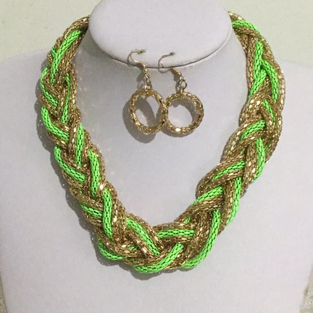 Green and gold snake link braided necklace earring
